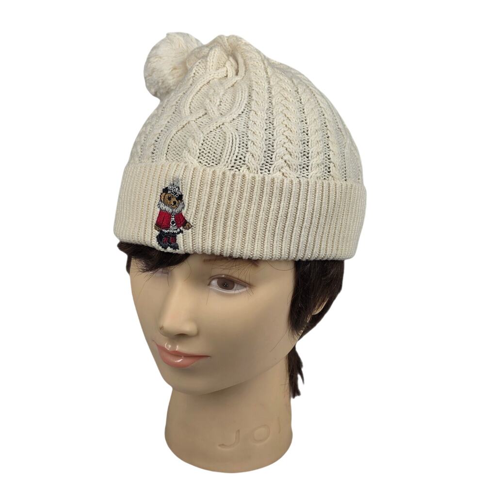 POLO RALPH LAUREN BEAR CABLE‑KNIT WOOL POM BEANIE – CREAM – ONE SIZE